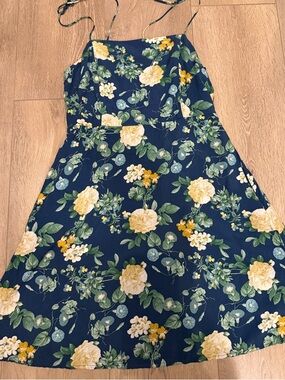 Navy Floral Tie-Strap Sundress with Yellow Roses